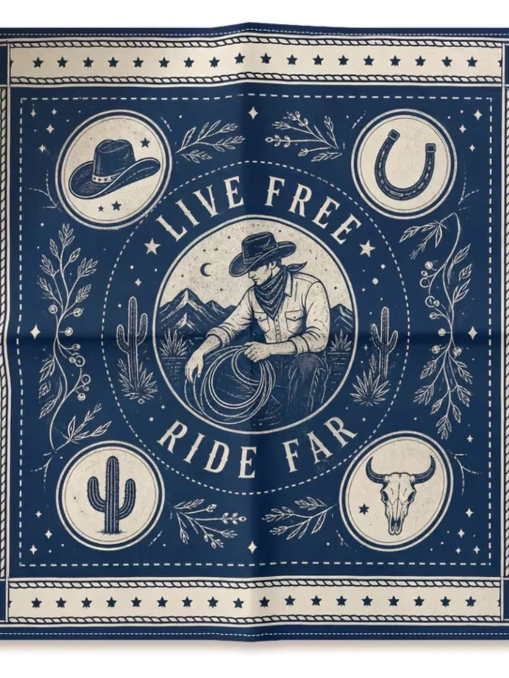 Live Free Ride Far Western Bandana - Navy & Cream